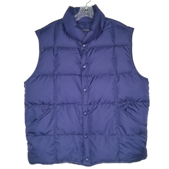 Mens Lands End Goose Down Vest Size Large Puffer Snap Blue Outdoor Hiking - Picture 1 of 9
